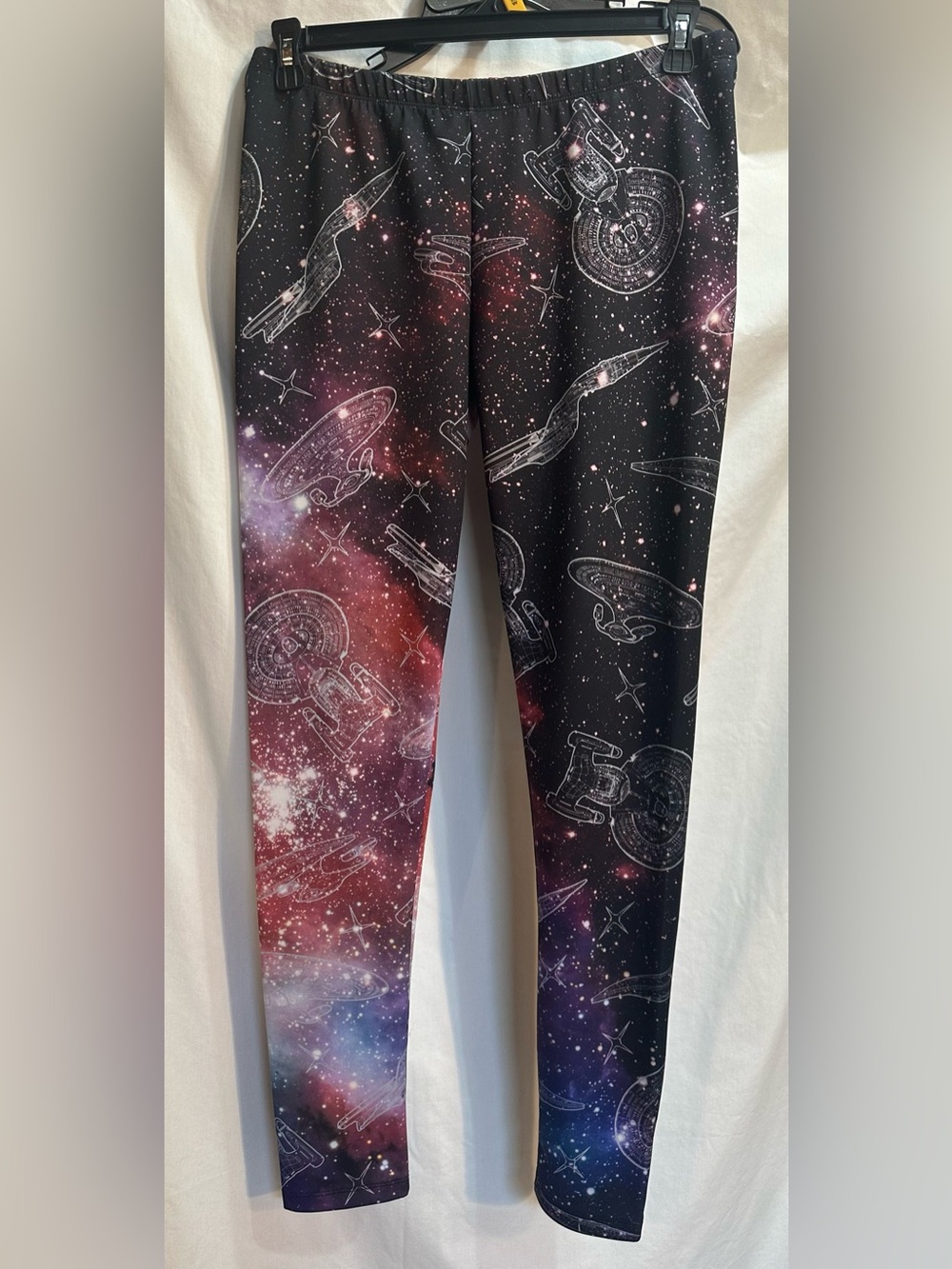 Star Trek -Galaxy Starship Print Leggings - Black with Purple & Red Accents